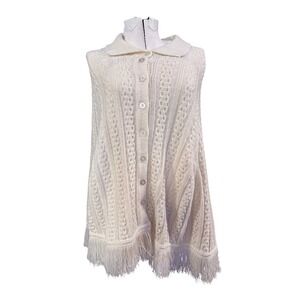 Vintage Cream Cable Knit Fringe Collar Button Front Poncho Cape Vest Large